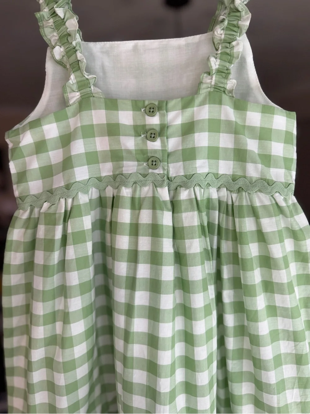 Green and White Gingham girls Dress with matching hat